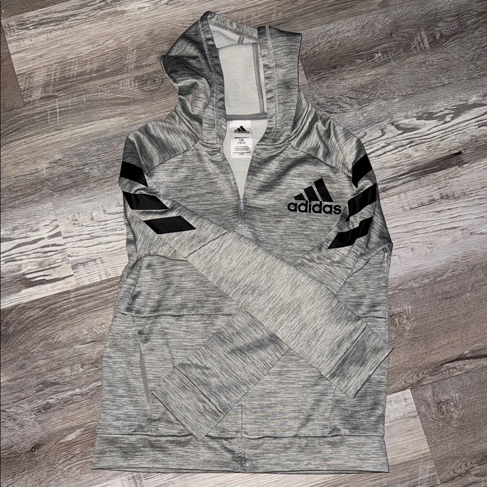 Adidas Gray Zip-up Hoodie with Black Stripes Size L